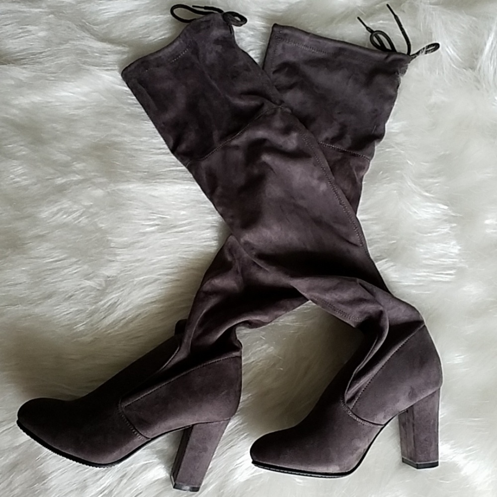 Thigh high grey block heel boots